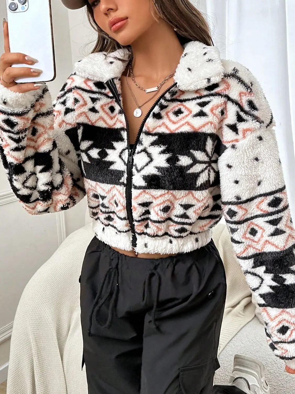 Geometric Collared Neck Zip Up Cropped Jacket Trendsi