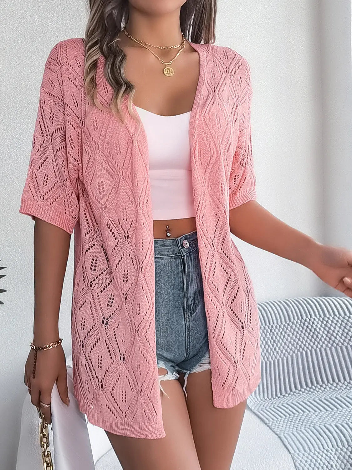 Openwork Open Front Half Sleeve Cardigan Trendsi