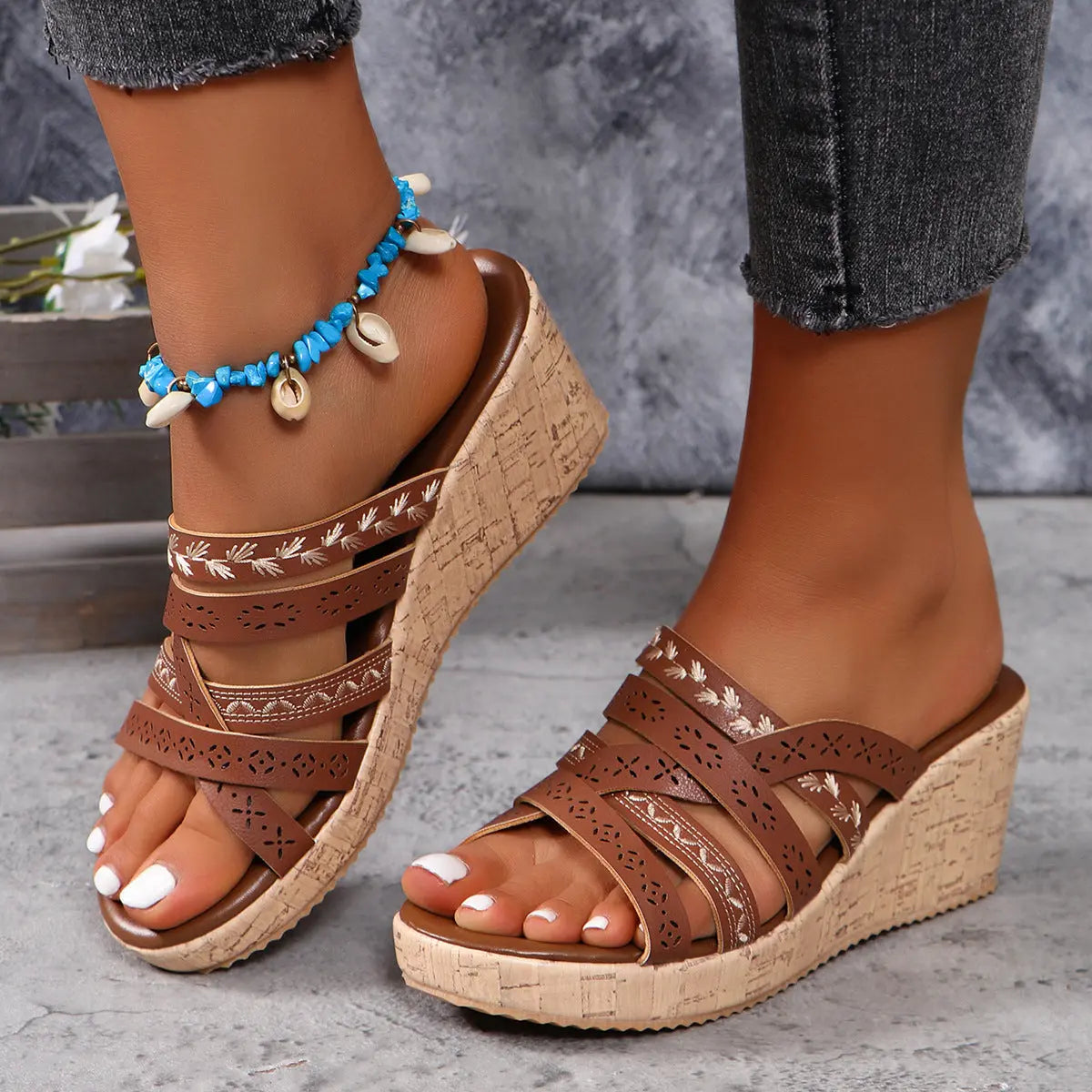 PU Leather Crisscross Wedge Sandals Trendsi