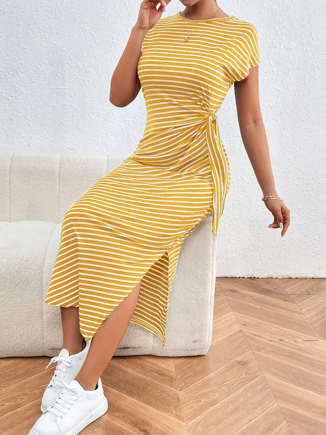 Tied Striped Round Neck Short Sleeve Tee Dress Trendsi