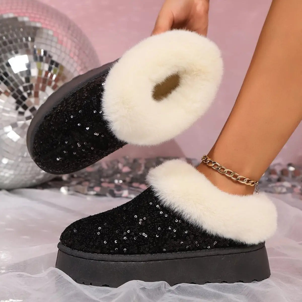 Plush Trim Sequin Platform Boots Trendsi