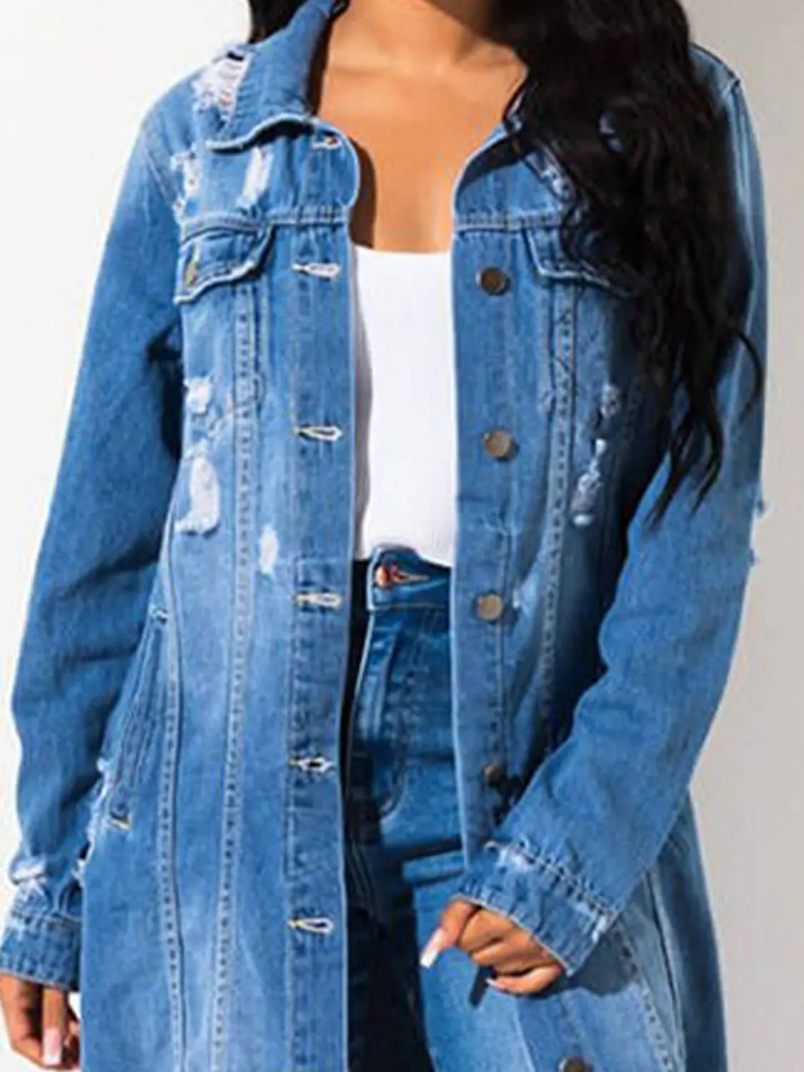 Long Sleeve Raw Hem Denim Jacket Trendsi