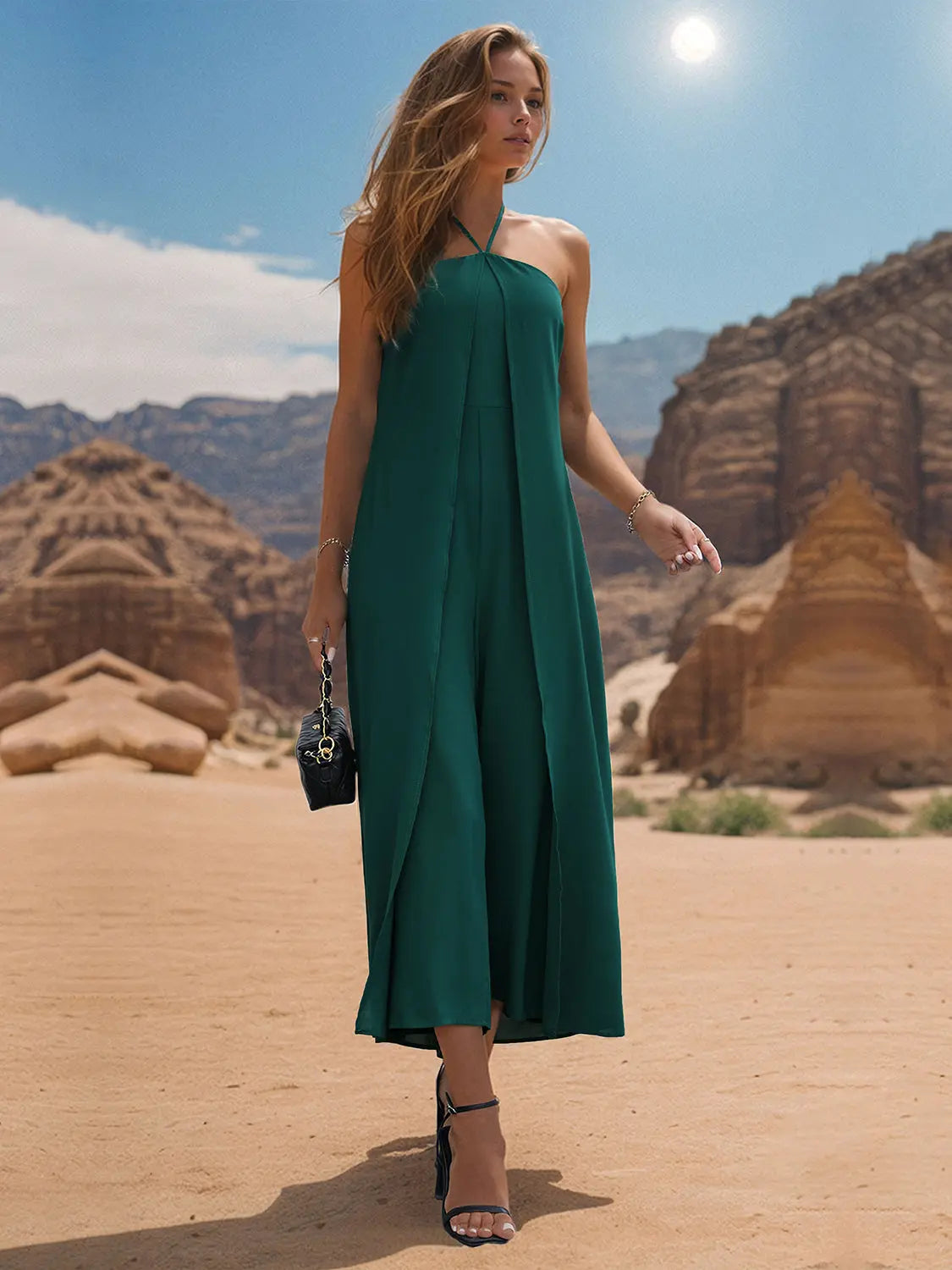 Layered Halter Neck Wide Leg Jumpsuit - GlossiChic Collection Green / S GlossiChic Collection Jumpers & Rompers