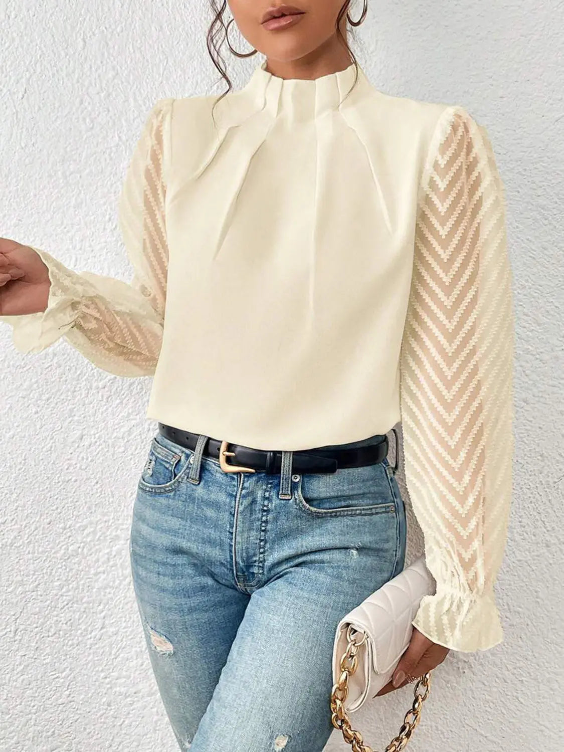 Mock Neck Flounce Sleeve Blouse - GlossiChic Collection Cream / S GlossiChic Collection Shirts & Tops