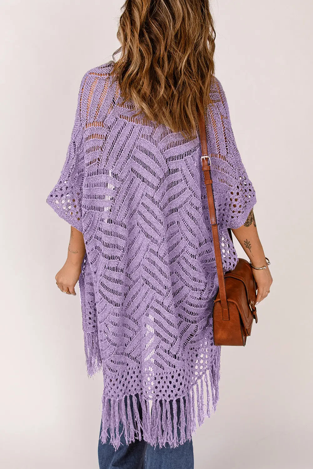 Openwork Open Front Cardigan with Fringes Trendsi