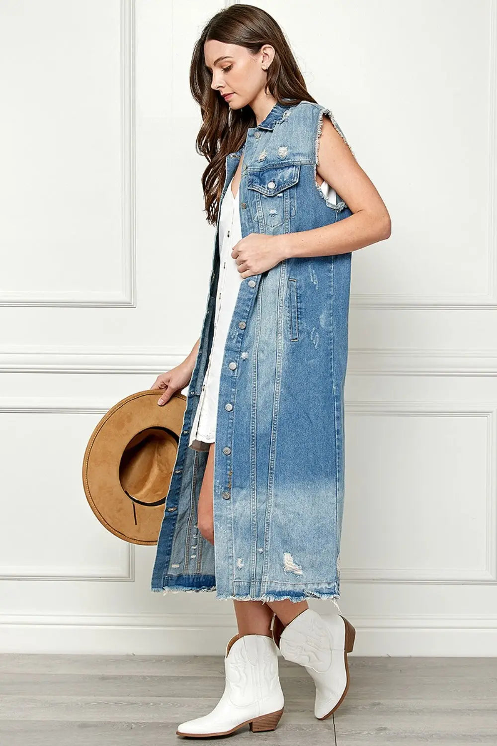 Full Size Distressed Sleeveless Longline Denim Jacket - GlossiChic Collection