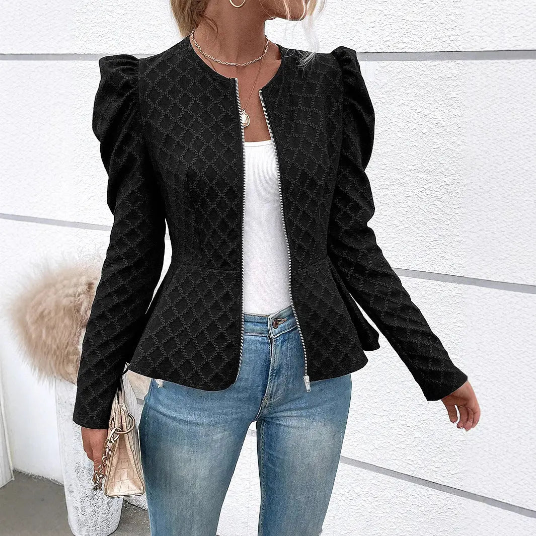 Zip Up Puff Sleeve Jacket Trendsi