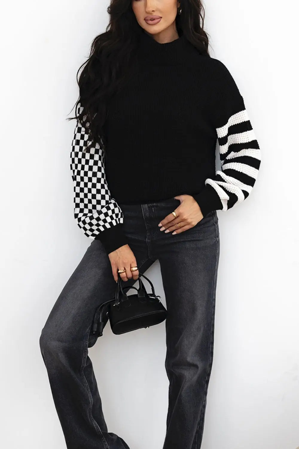 Striped & Checkered Turtleneck Dropped Shoulder Sweater GlossiChic Collection