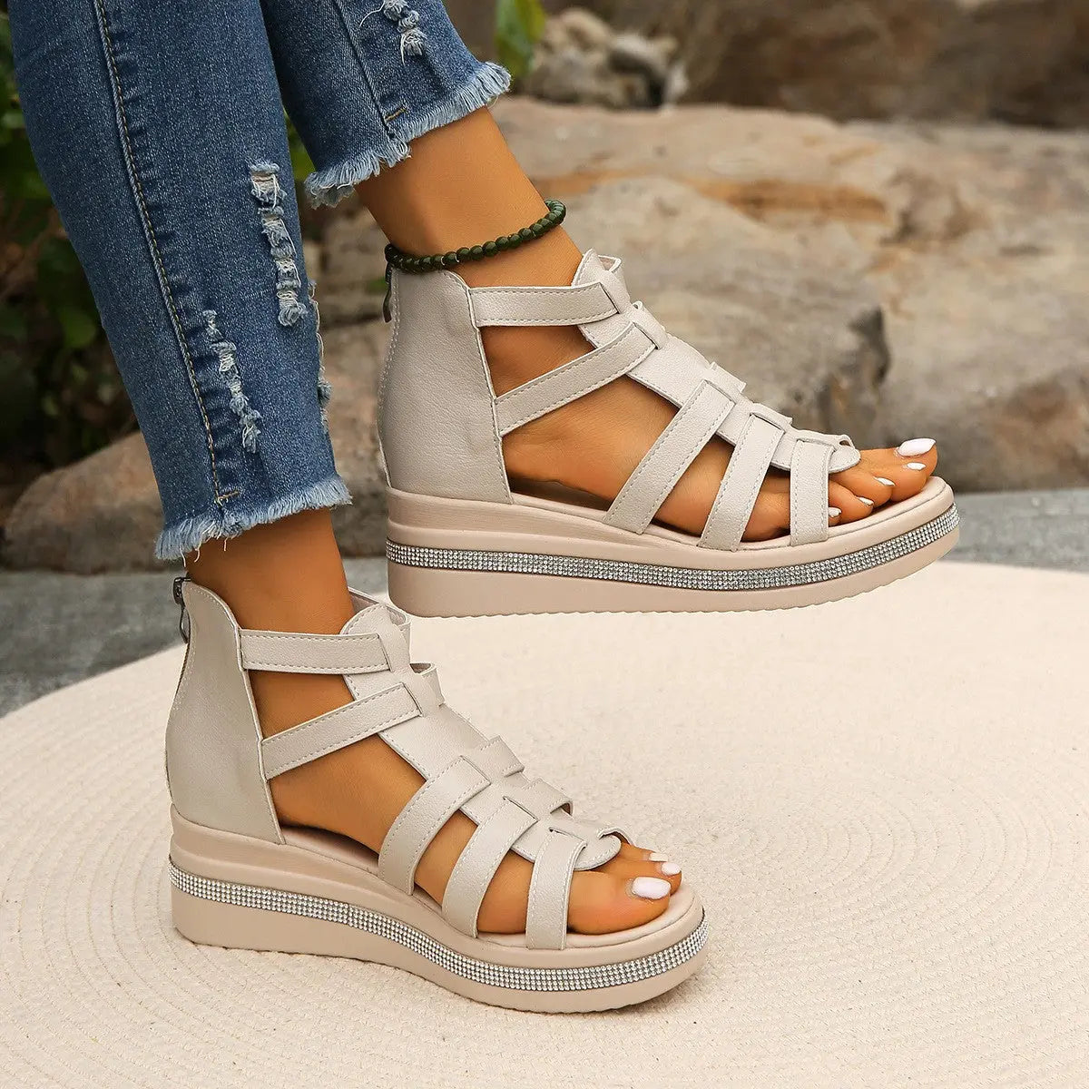 Cutout Rhinestone Trim Wedge Sandals - GlossiChic Collection