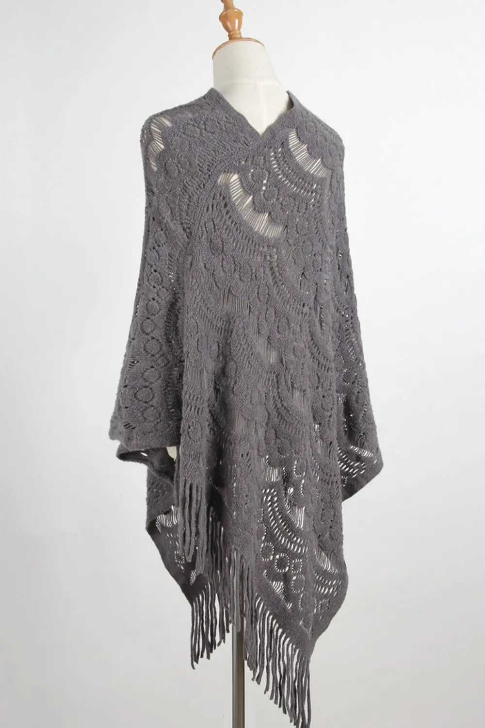 Fringe Openwork Surplice Cape Sleeve Poncho Trendsi