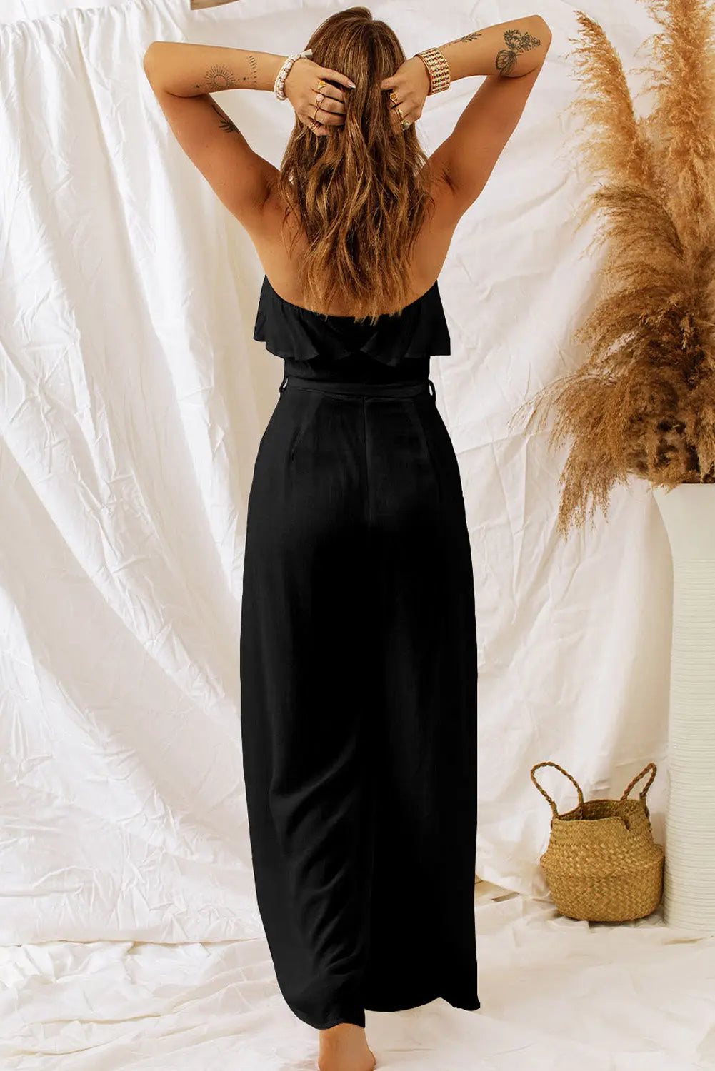 Tie-Waist Ruffled Strapless Wide Leg Jumpsuit Trendsi