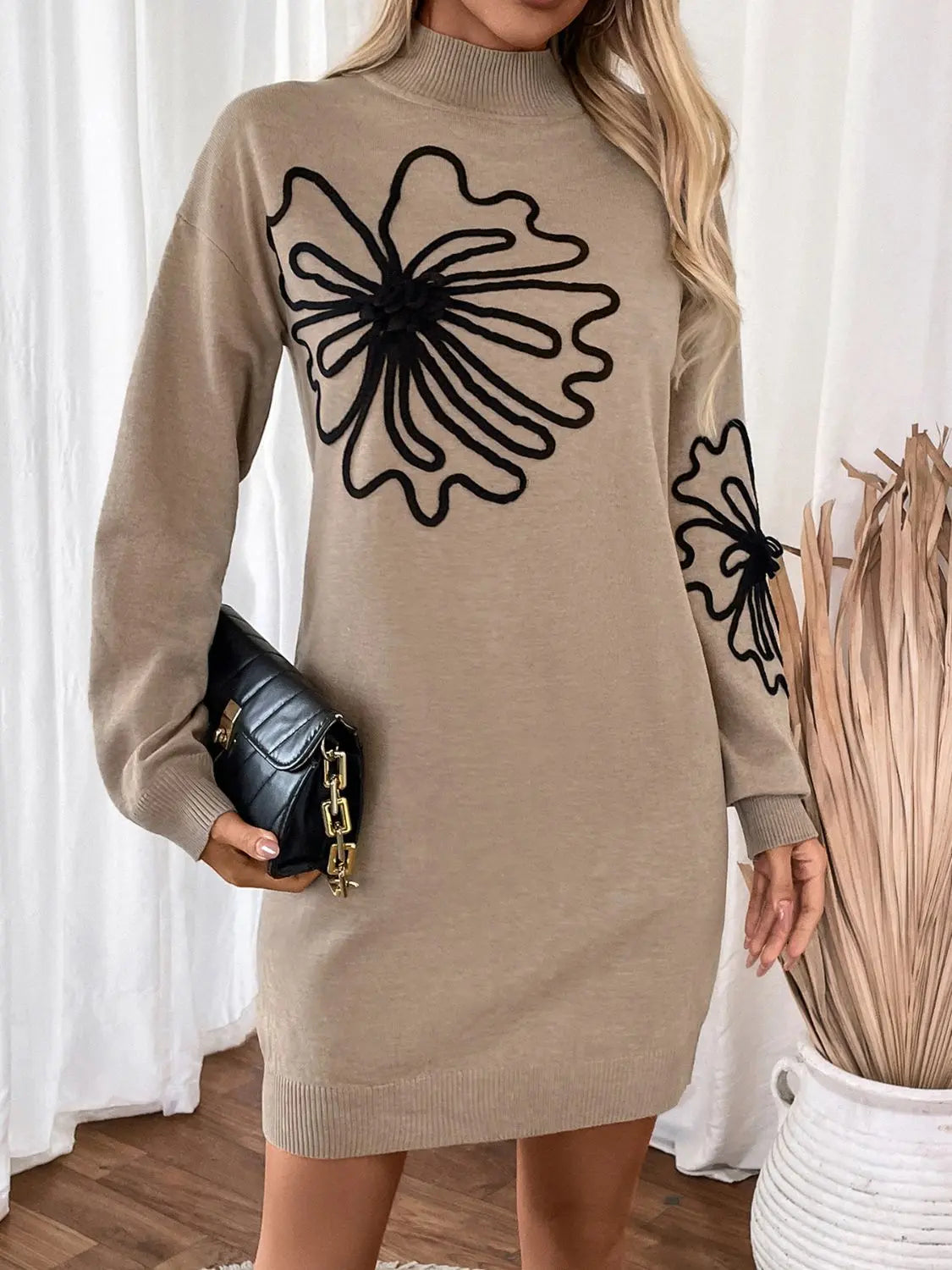 Perfee Flower Mock Neck Long Sleeve Sweater Dress Trendsi