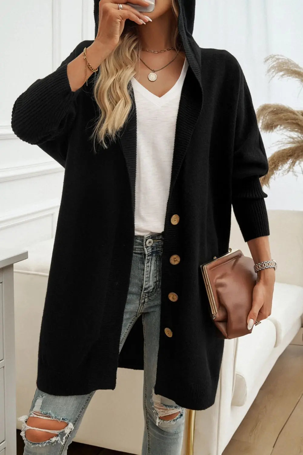 Devine Button Up Long Sleeve Hooded Cardigan Trendsi