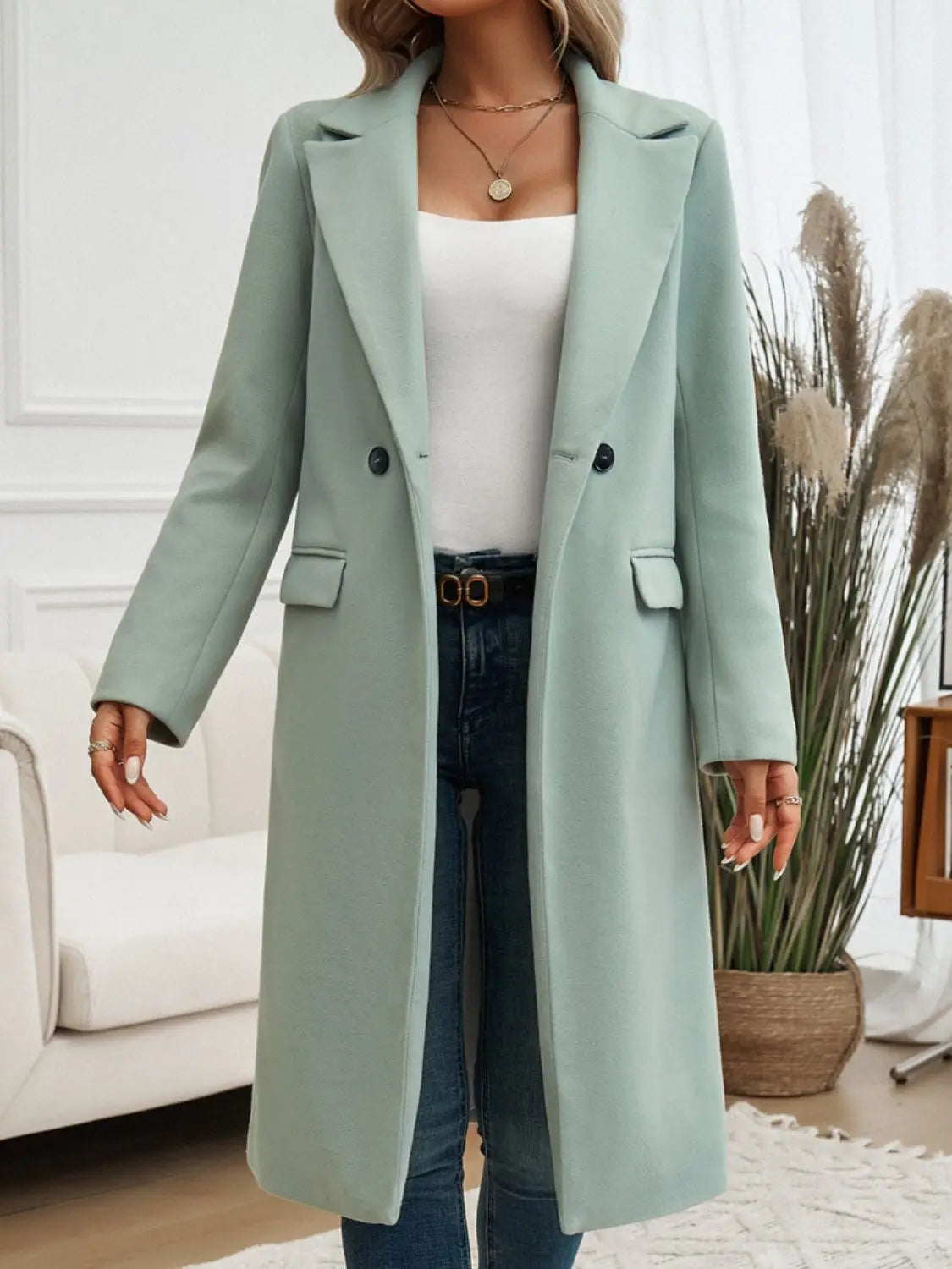 Devine Pocketed Collared Neck Long Sleeve Coat Trendsi