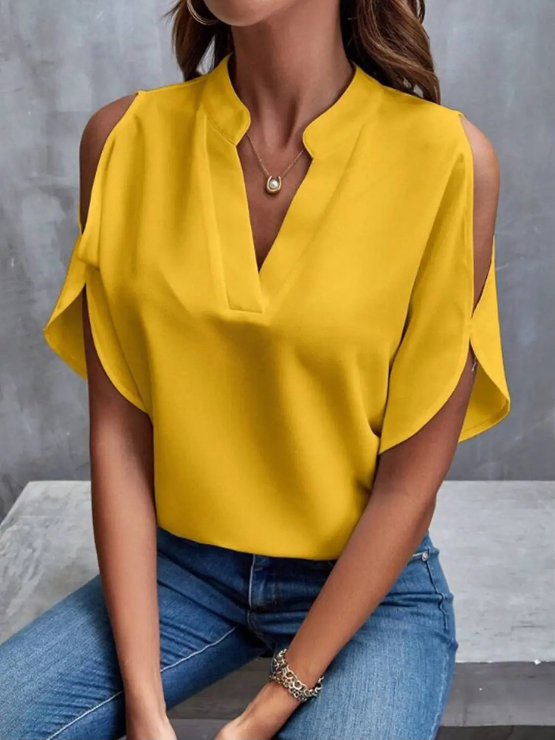 Notched Cold Shoulder Half Sleeve Blouse Trendsi