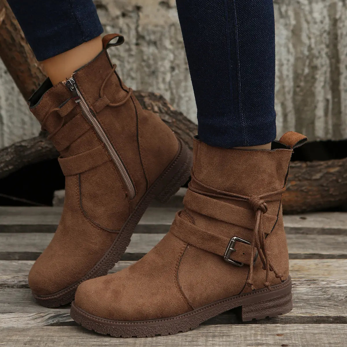 Suede Side Zip Round Toe Boots Trendsi