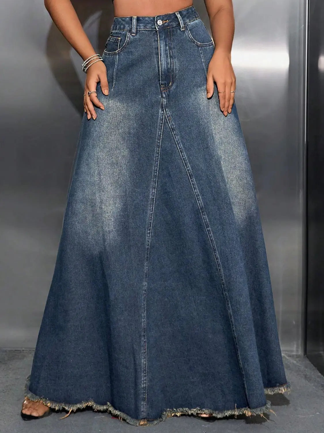 Raw Hem High Waist Denim Skirt with Pockets Trendsi