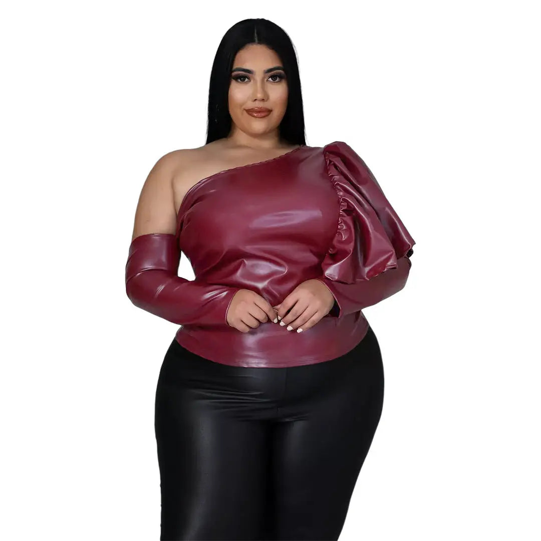 Elastic Matte Leather Oblique Off Shoulder Top - GlossiChic Collection