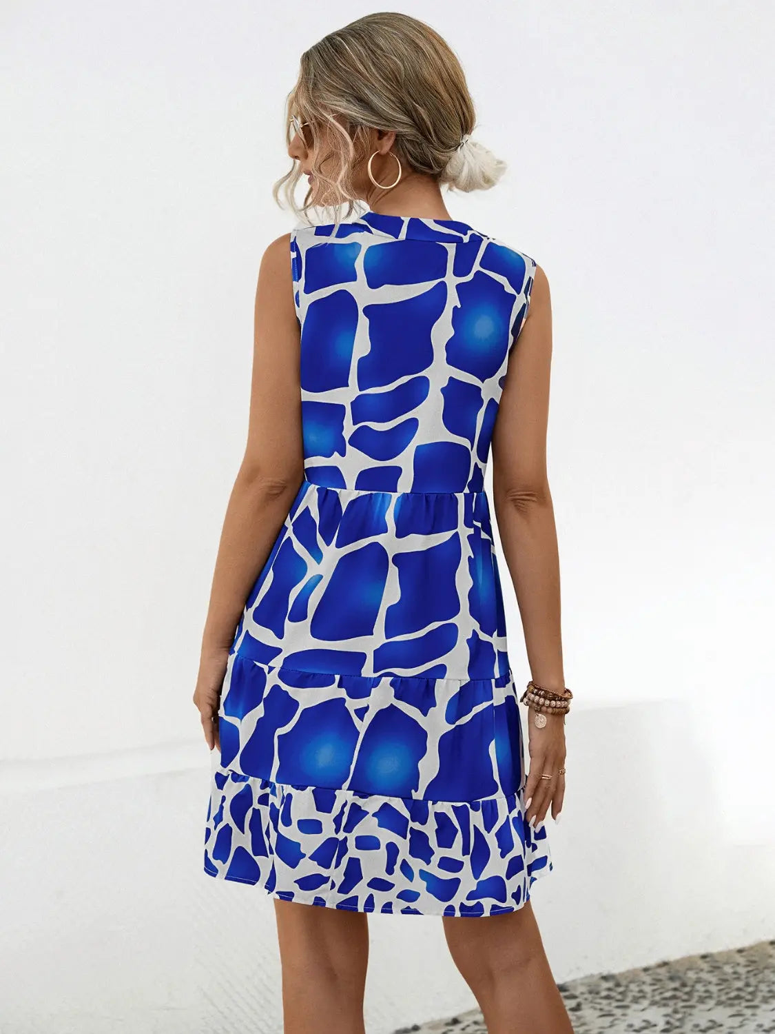 Printed Notched Sleeveless Tiered Dress - GlossiChic Collection Ultra marine / S GlossiChic Collection Dresses