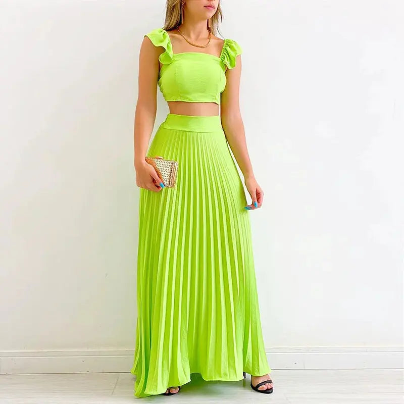 Casual Solid Color Two-Piece Vest High Waist Pleated Long Skirt - GlossiChic Collection