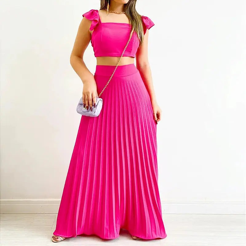 Casual Solid Color Two-Piece Vest High Waist Pleated Long Skirt - GlossiChic Collection