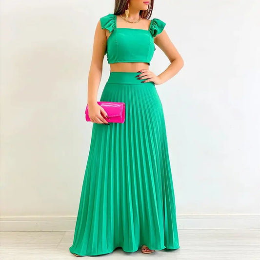 Casual Solid Color Two-Piece Vest High Waist Pleated Long Skirt - GlossiChic Collection