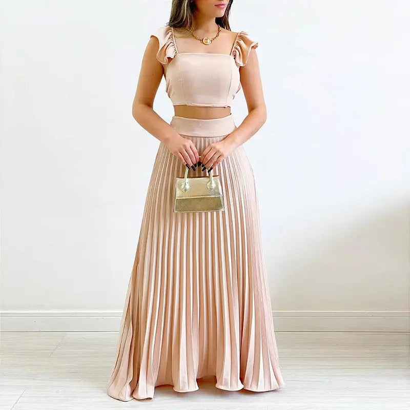 Casual Solid Color Two-Piece Vest High Waist Pleated Long Skirt - GlossiChic Collection