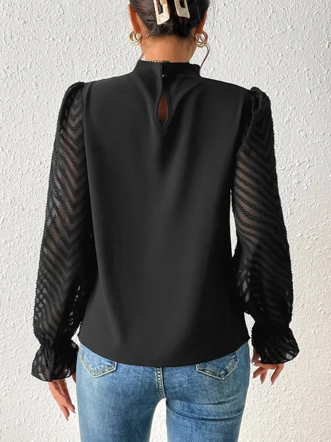 Mock Neck Flounce Sleeve Blouse - GlossiChic Collection Navy / S GlossiChic Collection Shirts & Tops