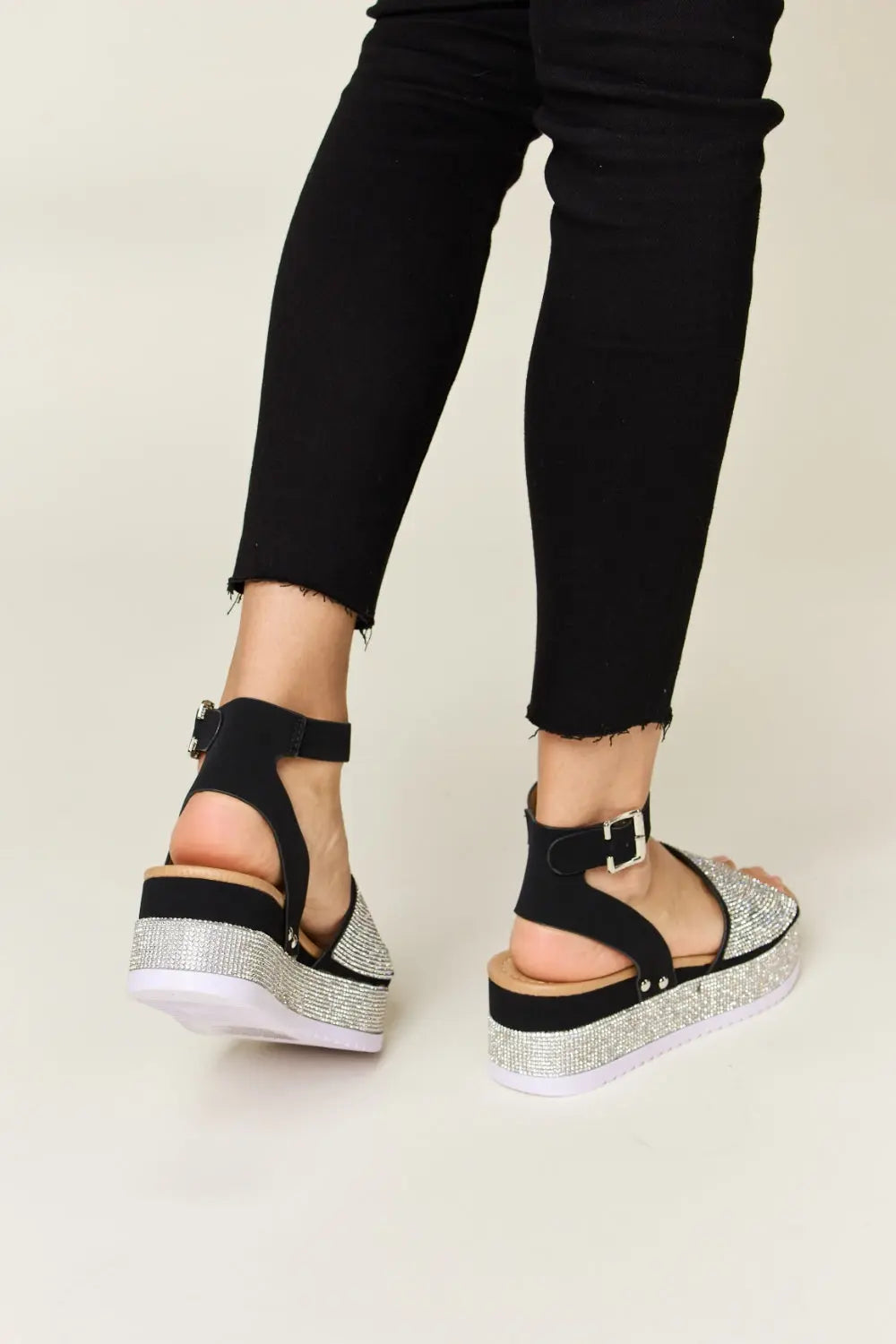 Rhinestone Buckle Strappy Wedge Sandals - GlossiChic Collection Black / 6 GlossiChic Collection Shoes & Accessories