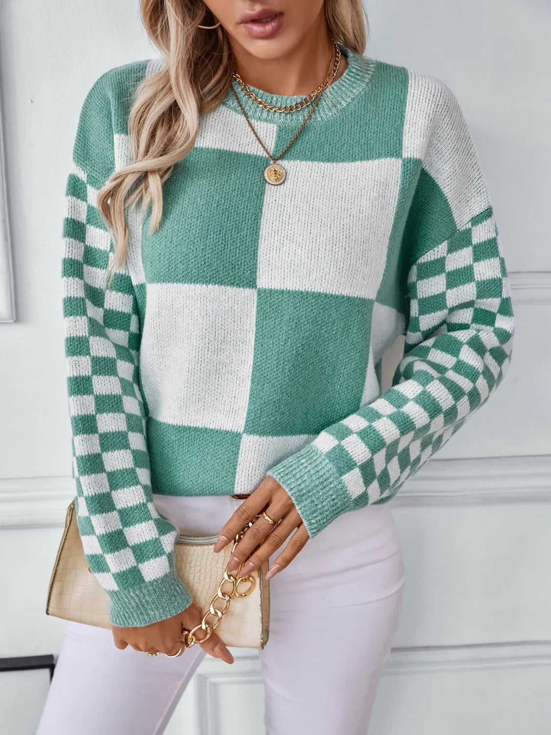 Color Block Round Neck Long Sleeve Sweater Trendsi