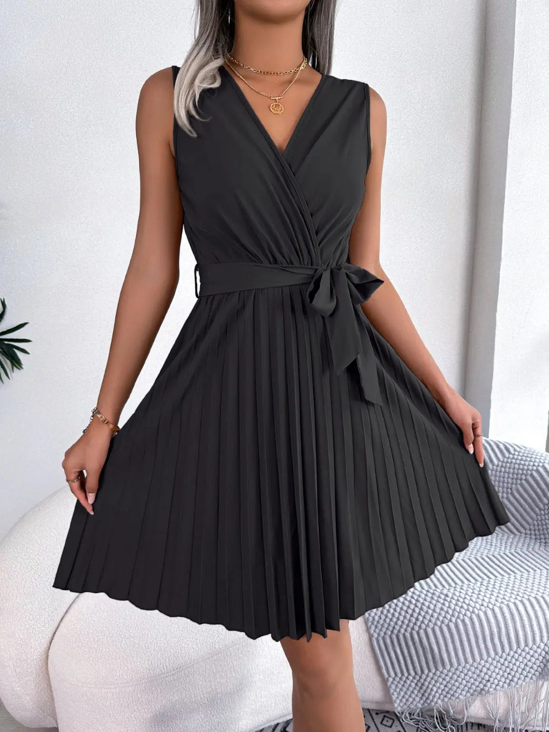 Tied Surplice Sleeveless Pleated Dress - GlossiChic Collection Black / S GlossiChic Collection Dresses