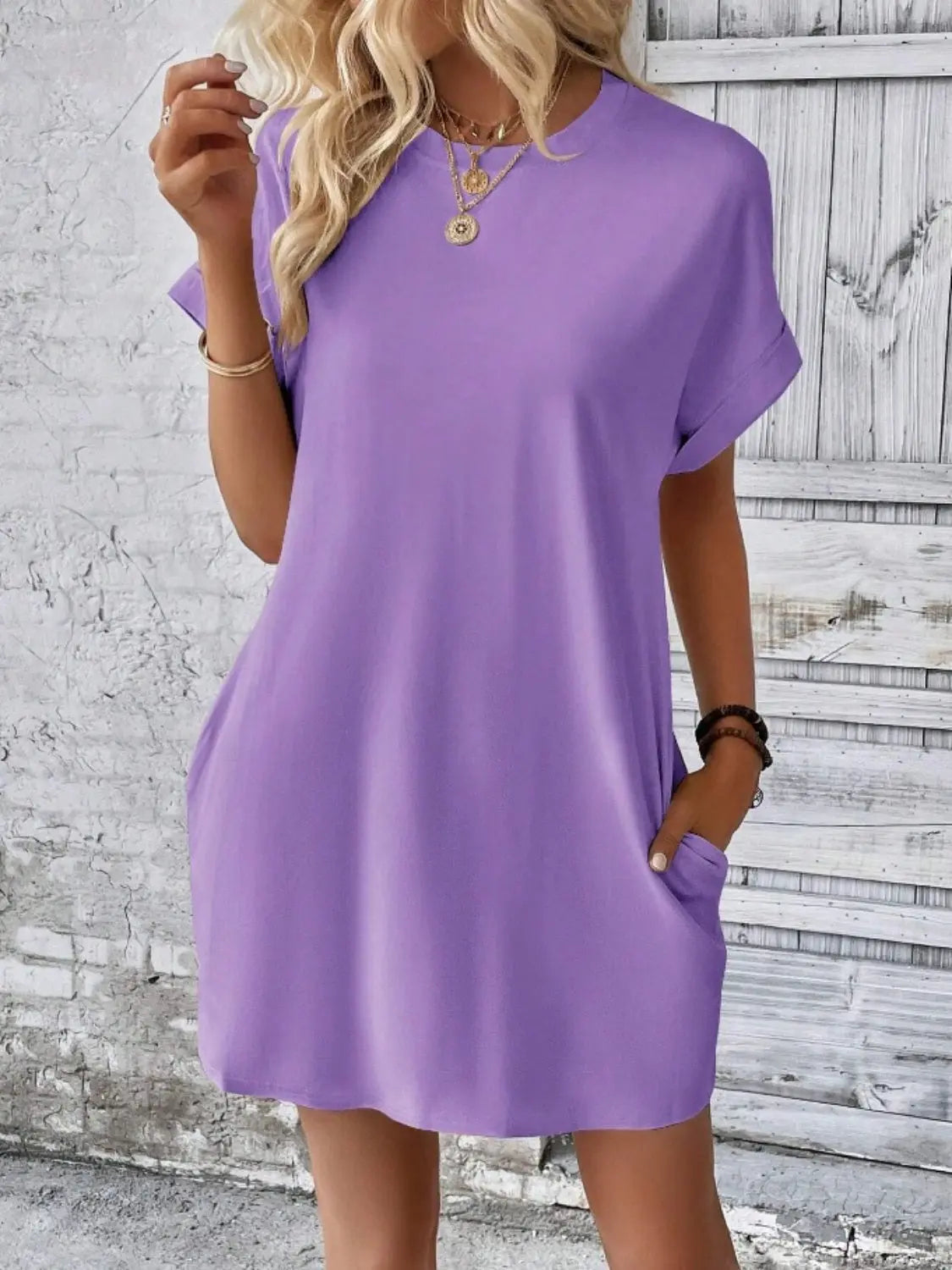 Pocketed Round Neck Short Sleeve Dress Trendsi