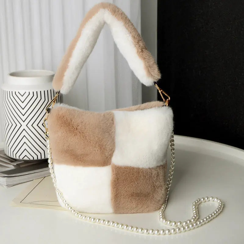 Checkerboard Plush Bucket With Pearl Chain Handbag - GlossiChic Collection