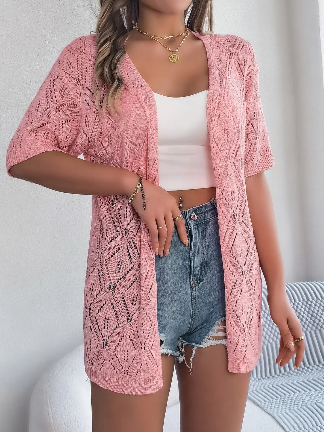 Openwork Open Front Half Sleeve Cardigan Trendsi