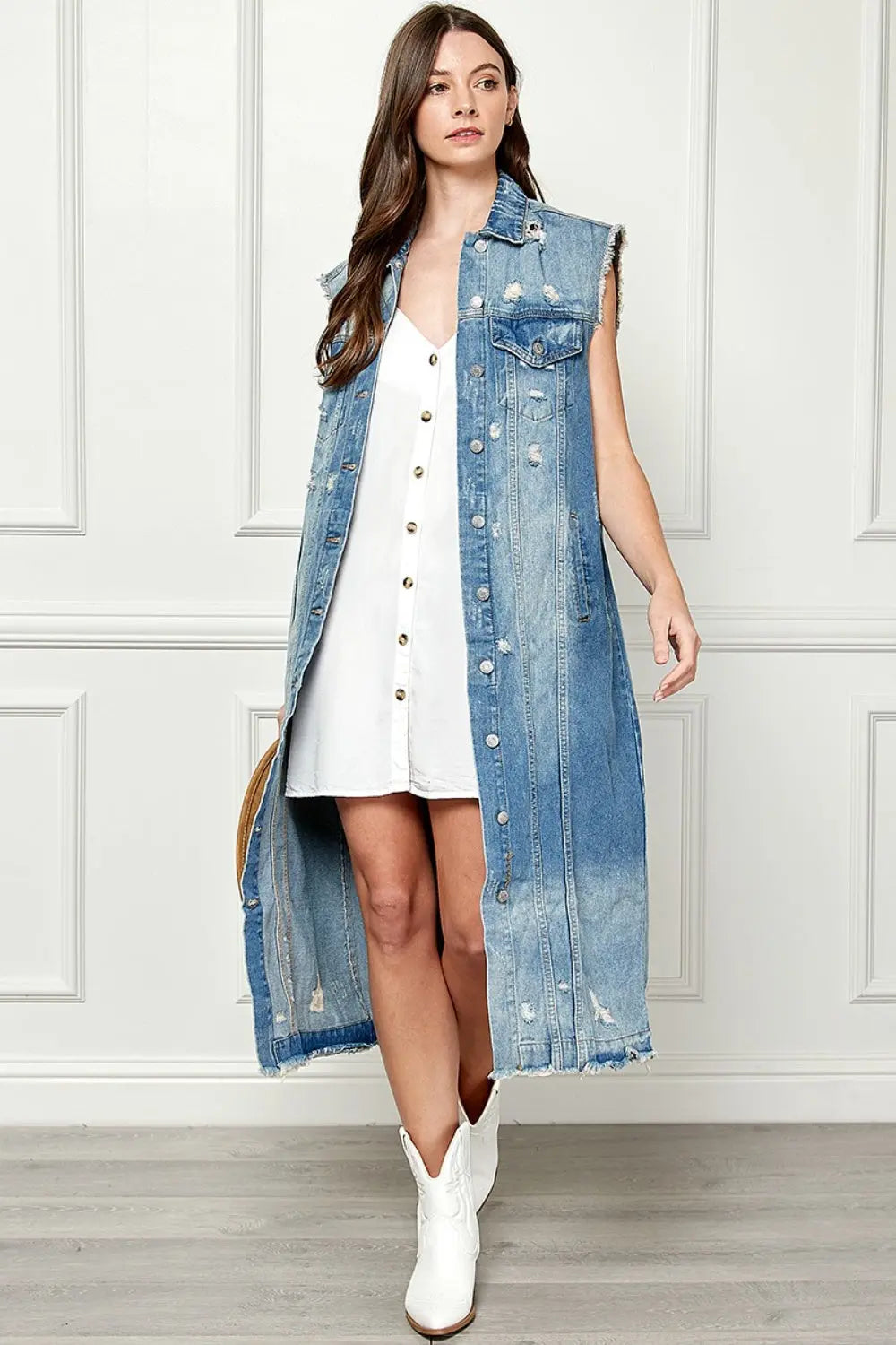 Full Size Distressed Sleeveless Longline Denim Jacket - GlossiChic Collection