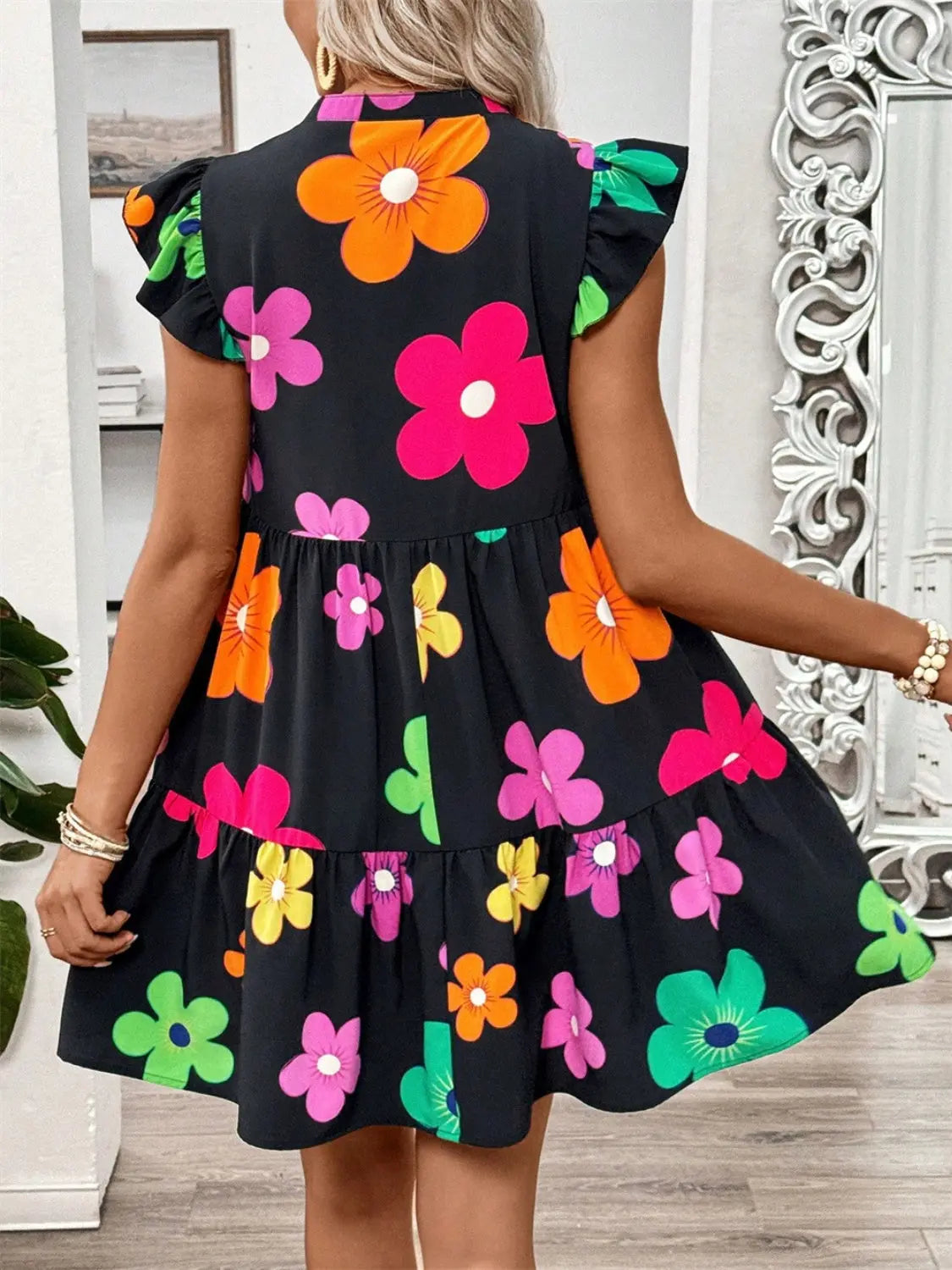 Ruffled Printed Notched Cap Sleeve Dress Trendsi