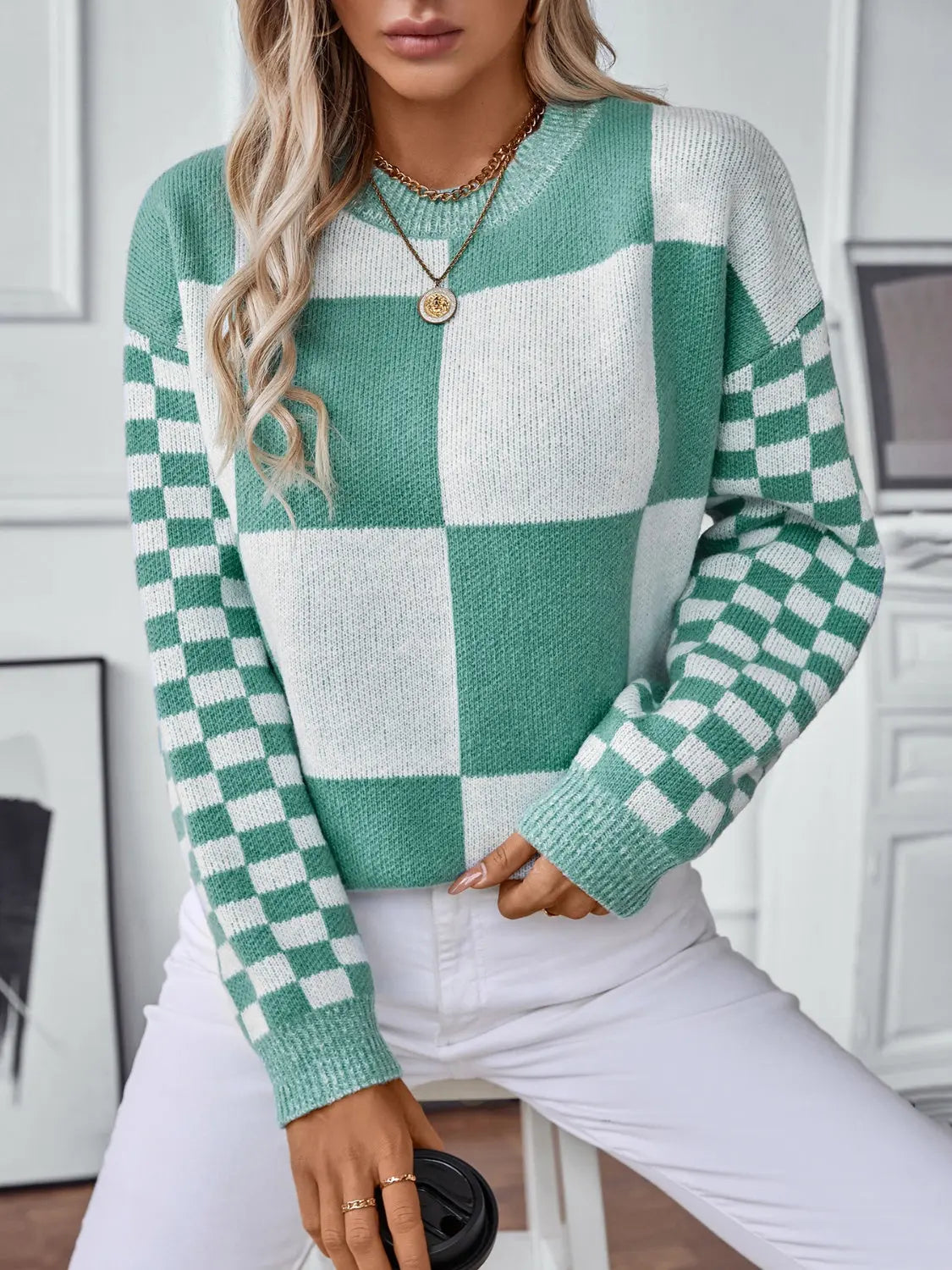 Color Block Round Neck Long Sleeve Sweater Trendsi