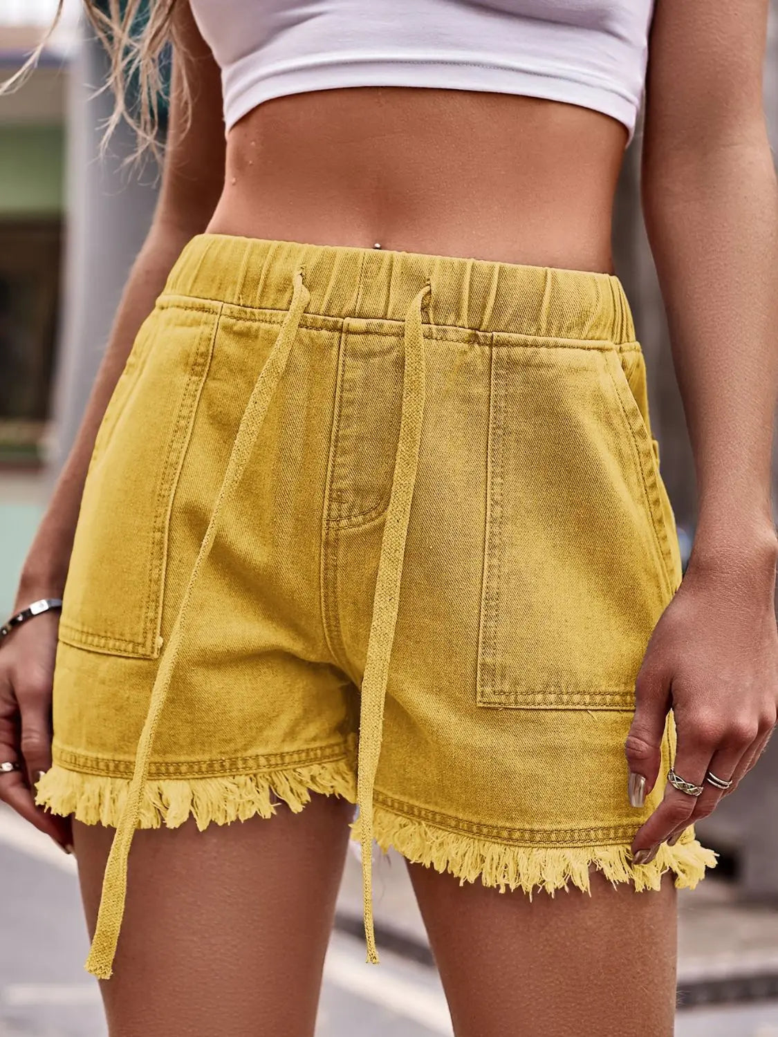 Drawstring Raw Hem Denim Shorts - GlossiChic Collection