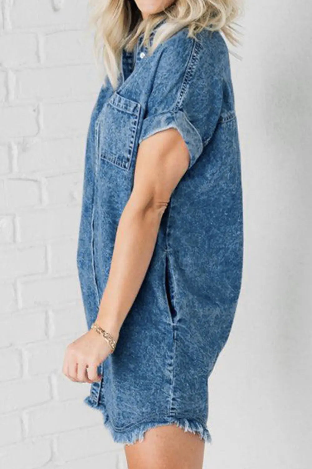 Raw Hem Pocketed Cap Sleeve Denim Dress Trendsi