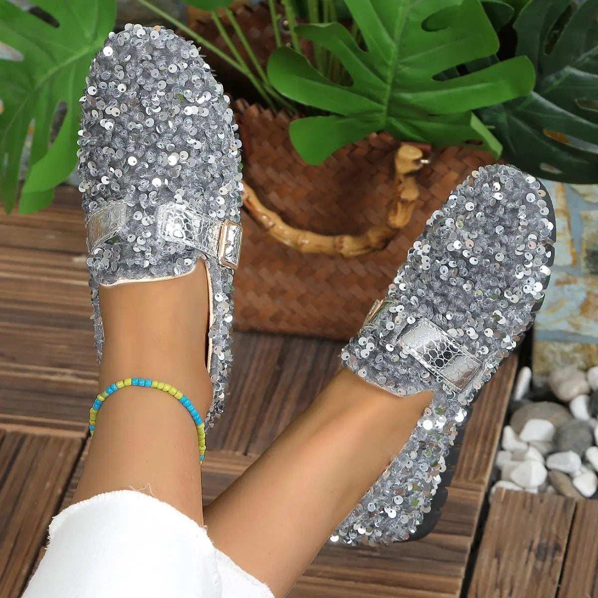 Sequin Round Toe Slip-Ons Trendsi