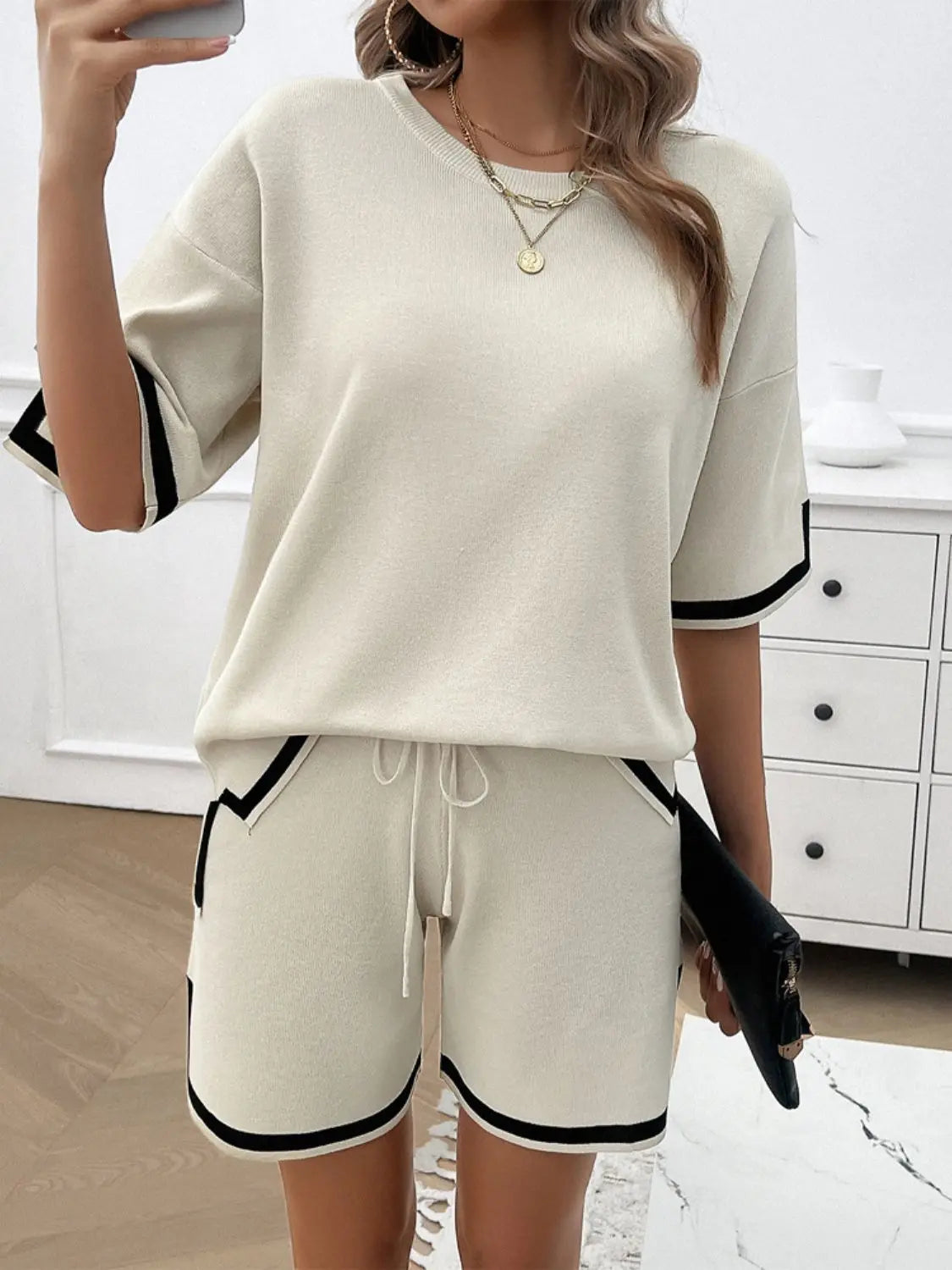 Contrast Trim Round Neck Top and Shorts Set Trendsi