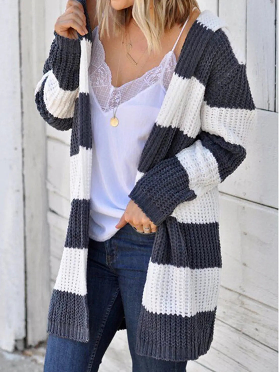 Striped Open Front Hooded Cardigan GlossiChic Collection