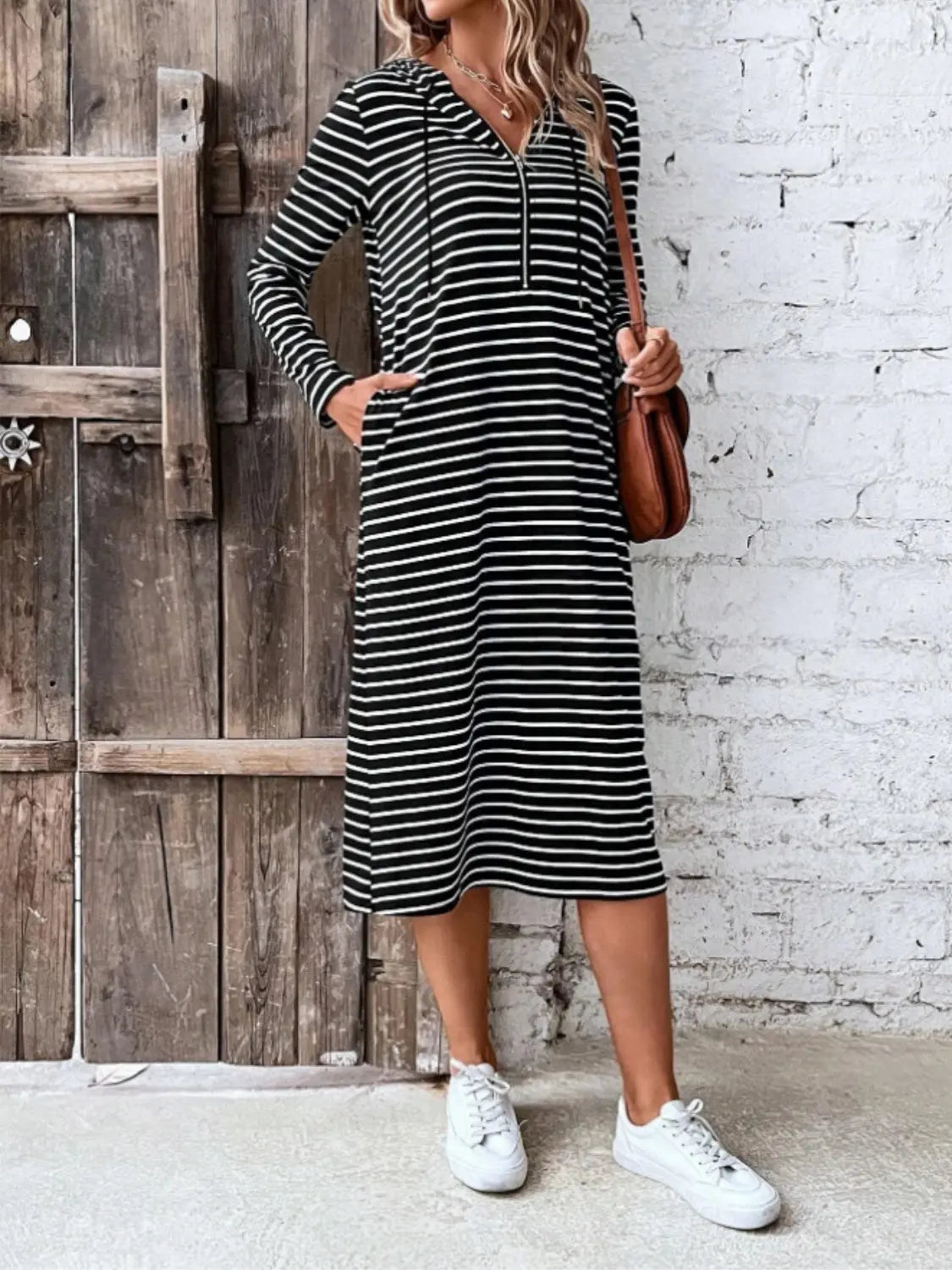 Striped Zip Front Hooded Dress Trendsi