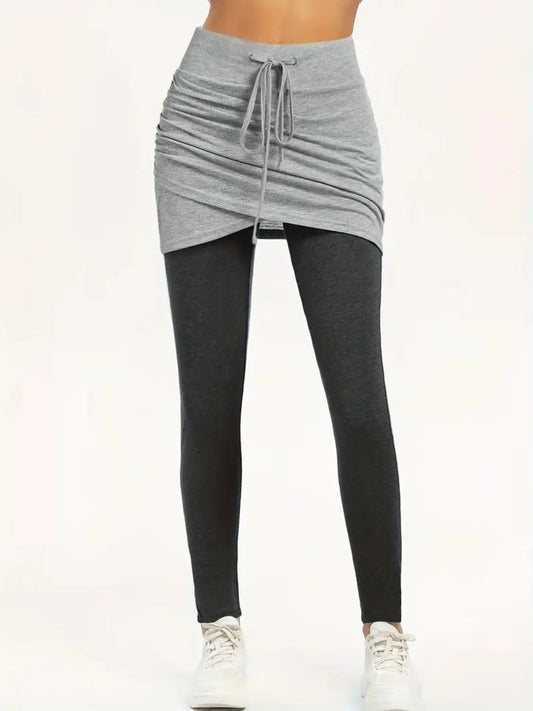 Drawstring Fake Two Pieces Active Leggings with Ruched Skirt Trendsi