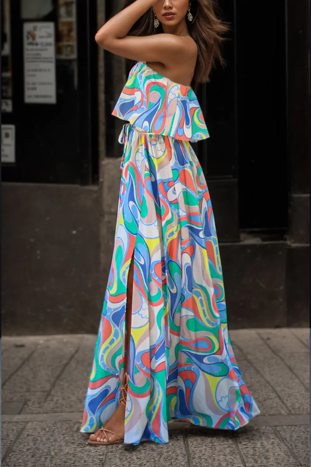 Slit Printed Tube Maxi Dress Trendsi