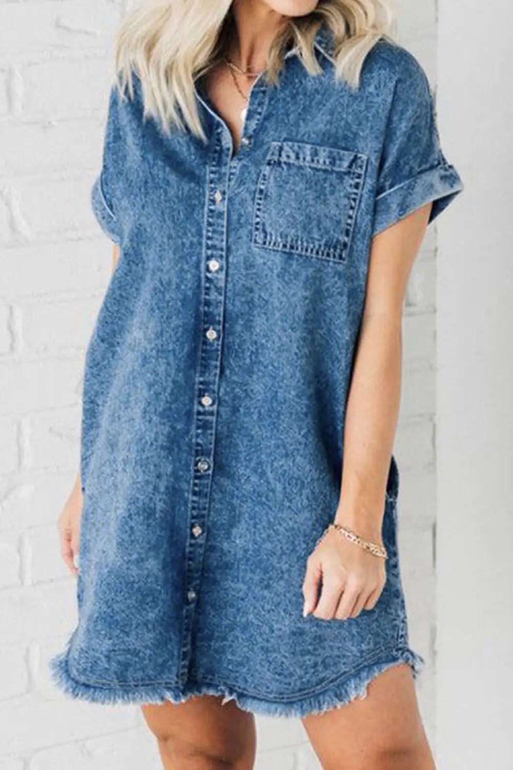 Raw Hem Pocketed Cap Sleeve Denim Dress Trendsi