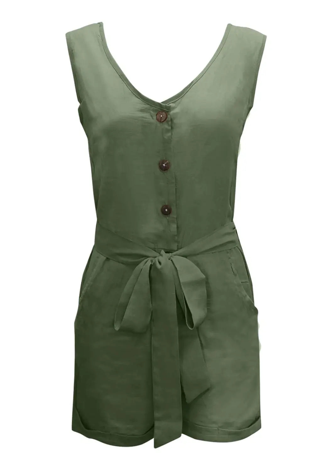 Full Size Tied V-Neck Sleeveless Romper with Pockets - GlossiChic Collection