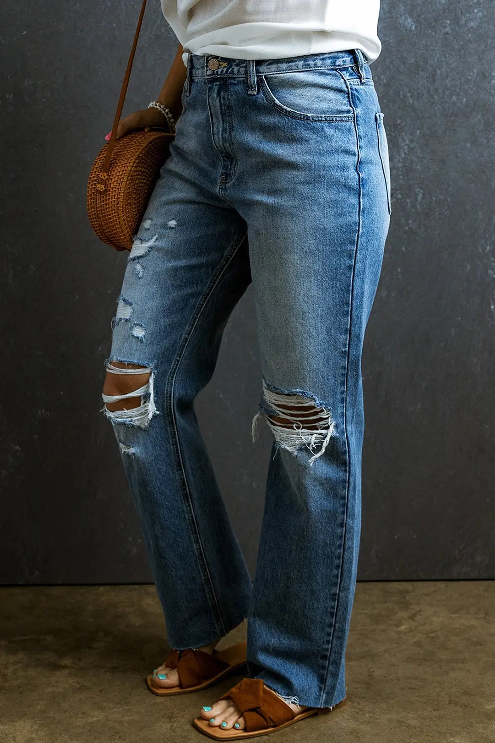 Distressed Raw Hem Jeans with Pockets - GlossiChic Collection