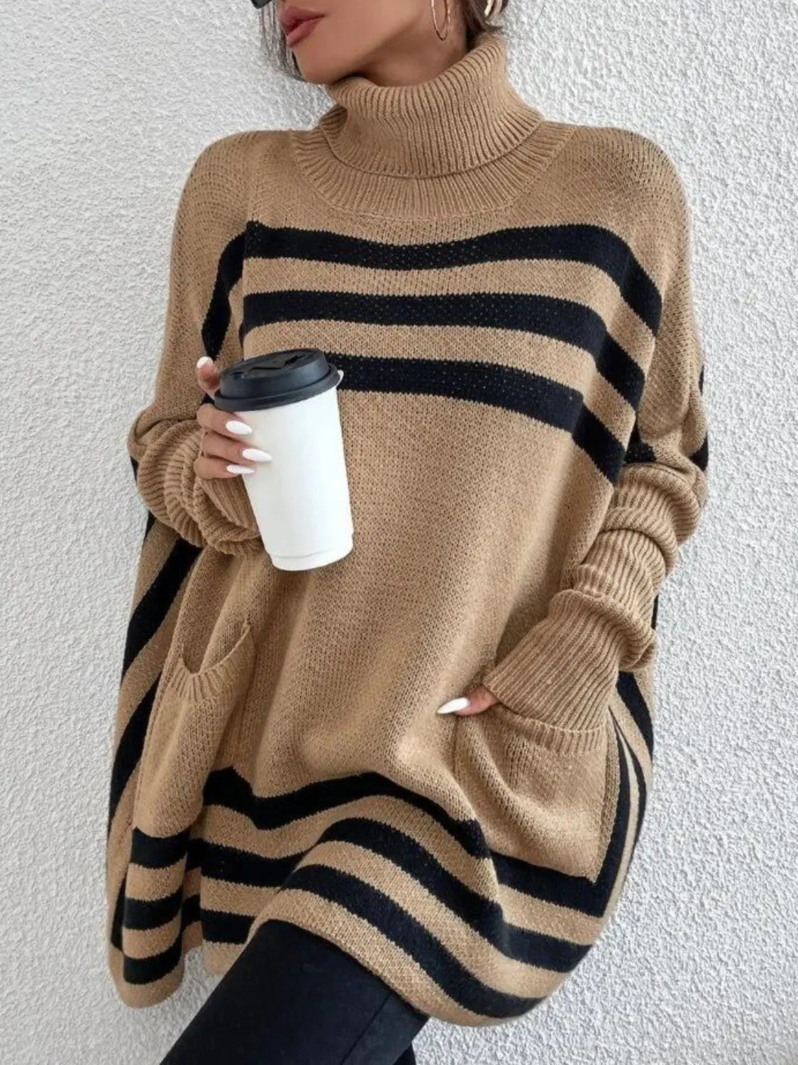 Striped Turtleneck Batwing Sleeve Sweater with Pockets GlossiChic Collection