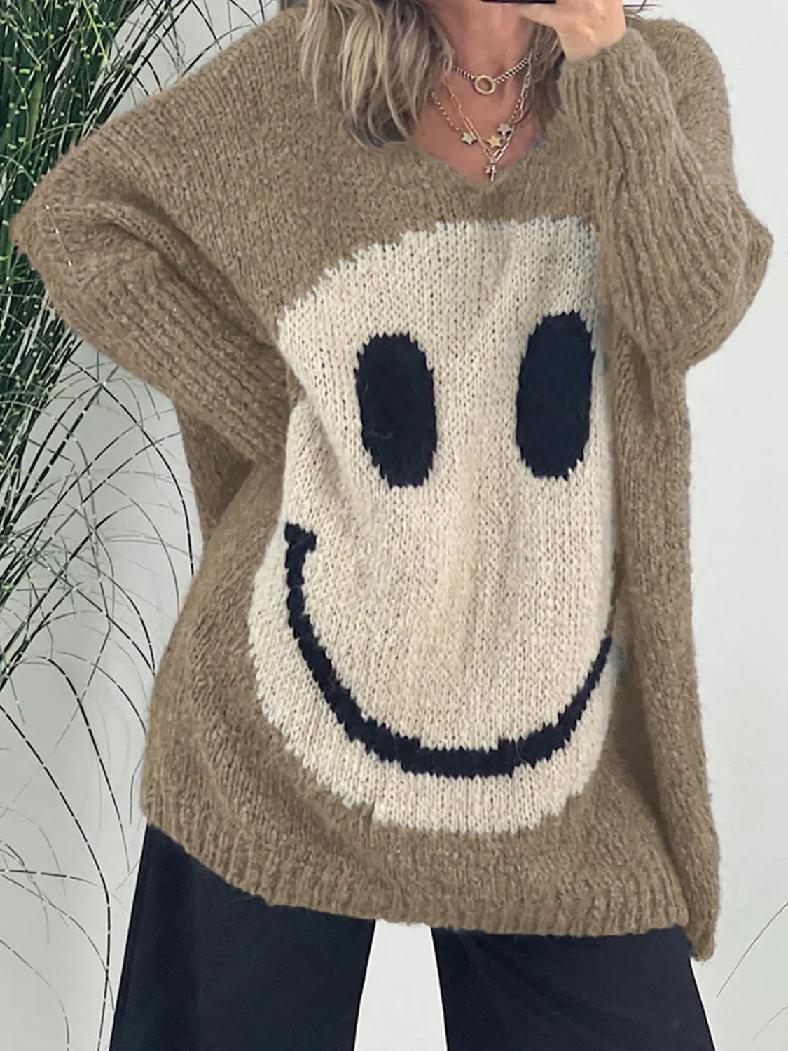 Smiling Face V-Neck Long Sleeve Sweater GlossiChic Collection